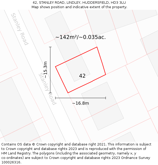 42, STANLEY ROAD, LINDLEY, HUDDERSFIELD, HD3 3LU: Plot and title map