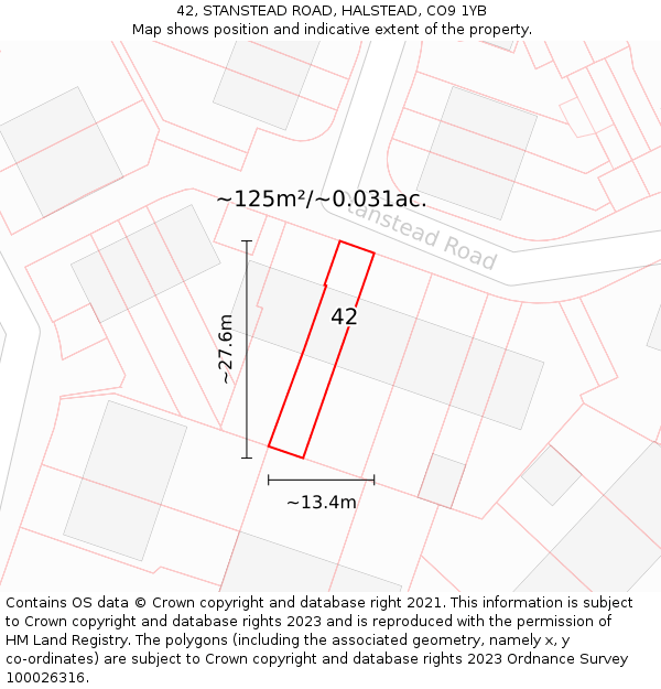 42, STANSTEAD ROAD, HALSTEAD, CO9 1YB: Plot and title map