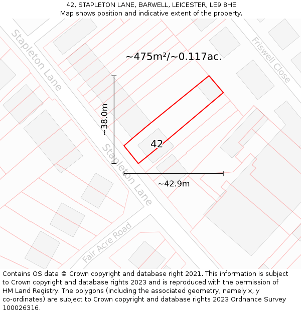 42, STAPLETON LANE, BARWELL, LEICESTER, LE9 8HE: Plot and title map