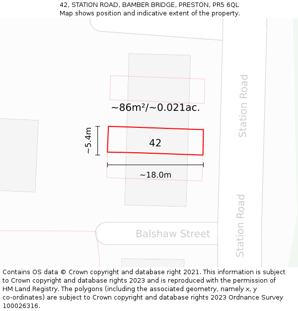 42, STATION ROAD, BAMBER BRIDGE, PRESTON, PR5 6QL: Plot and title map