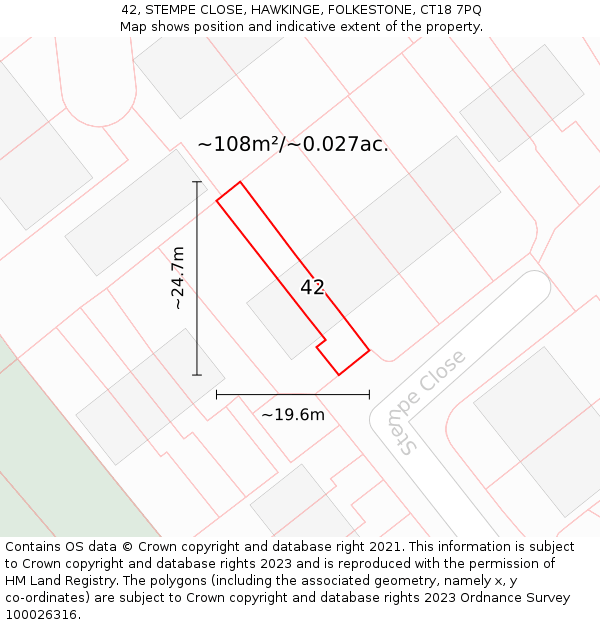 42, STEMPE CLOSE, HAWKINGE, FOLKESTONE, CT18 7PQ: Plot and title map