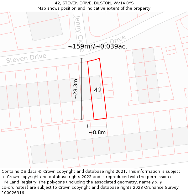 42, STEVEN DRIVE, BILSTON, WV14 8YS: Plot and title map