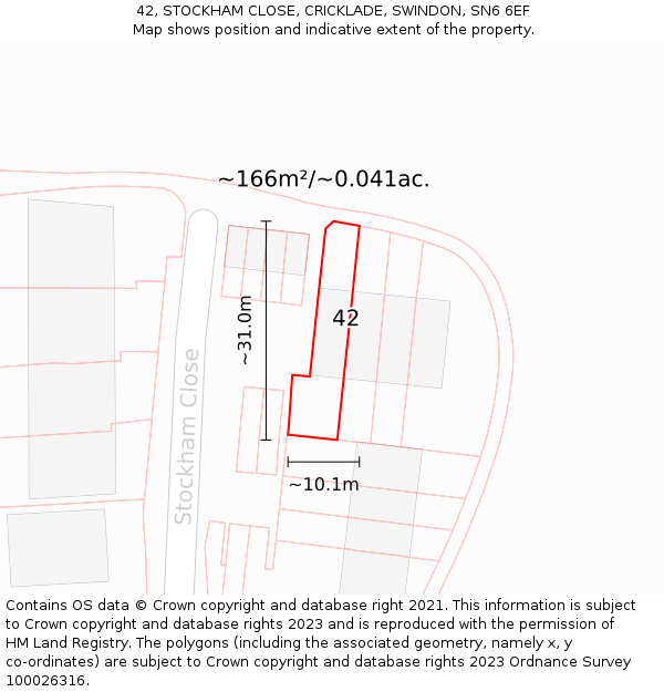 42, STOCKHAM CLOSE, CRICKLADE, SWINDON, SN6 6EF: Plot and title map