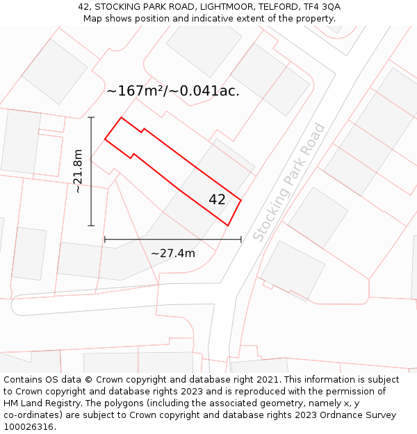42, STOCKING PARK ROAD, LIGHTMOOR, TELFORD, TF4 3QA: Plot and title map