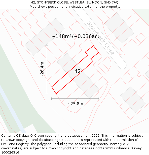 42, STONYBECK CLOSE, WESTLEA, SWINDON, SN5 7AQ: Plot and title map