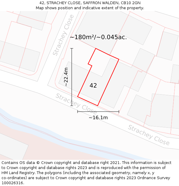 42, STRACHEY CLOSE, SAFFRON WALDEN, CB10 2GN: Plot and title map