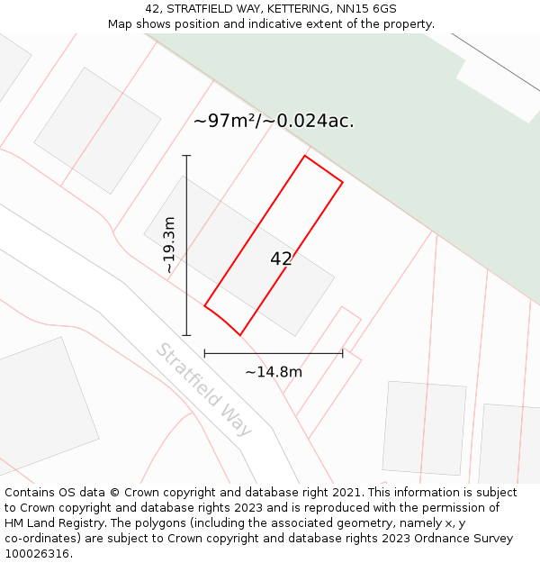 42, STRATFIELD WAY, KETTERING, NN15 6GS: Plot and title map