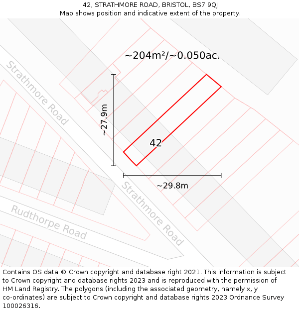 42, STRATHMORE ROAD, BRISTOL, BS7 9QJ: Plot and title map