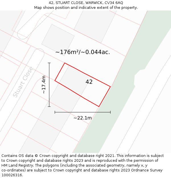 42, STUART CLOSE, WARWICK, CV34 6AQ: Plot and title map
