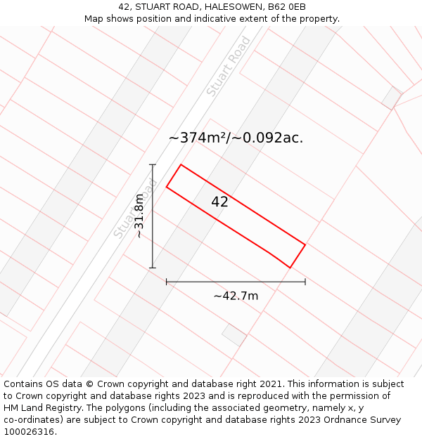 42, STUART ROAD, HALESOWEN, B62 0EB: Plot and title map