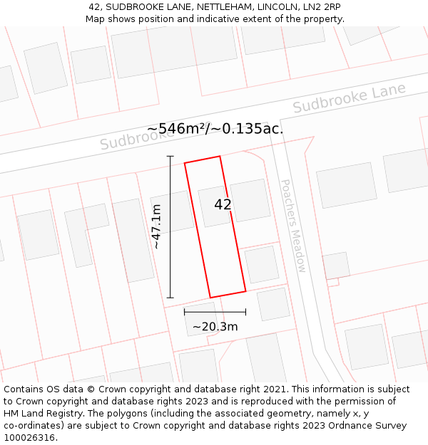 42, SUDBROOKE LANE, NETTLEHAM, LINCOLN, LN2 2RP: Plot and title map