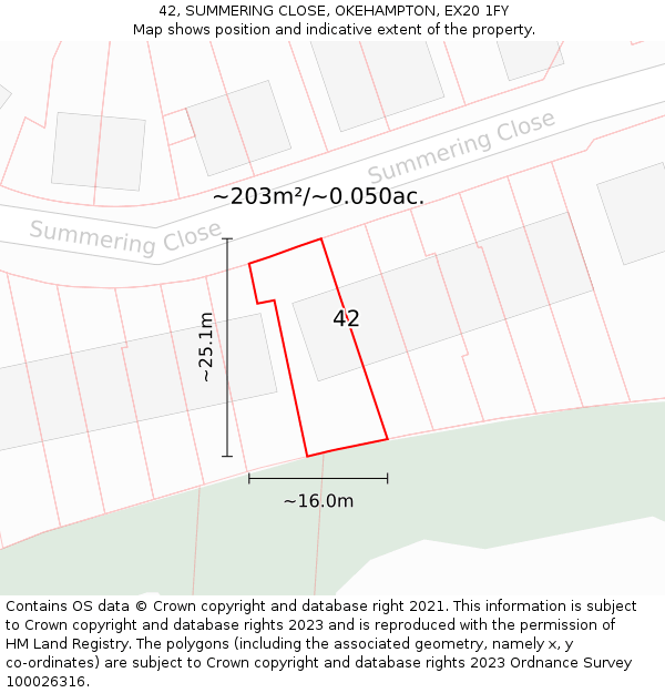 42, SUMMERING CLOSE, OKEHAMPTON, EX20 1FY: Plot and title map
