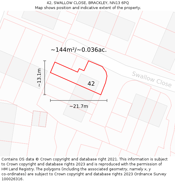 42, SWALLOW CLOSE, BRACKLEY, NN13 6PQ: Plot and title map