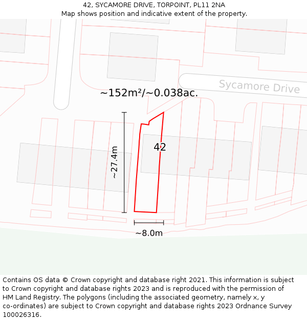 42, SYCAMORE DRIVE, TORPOINT, PL11 2NA: Plot and title map