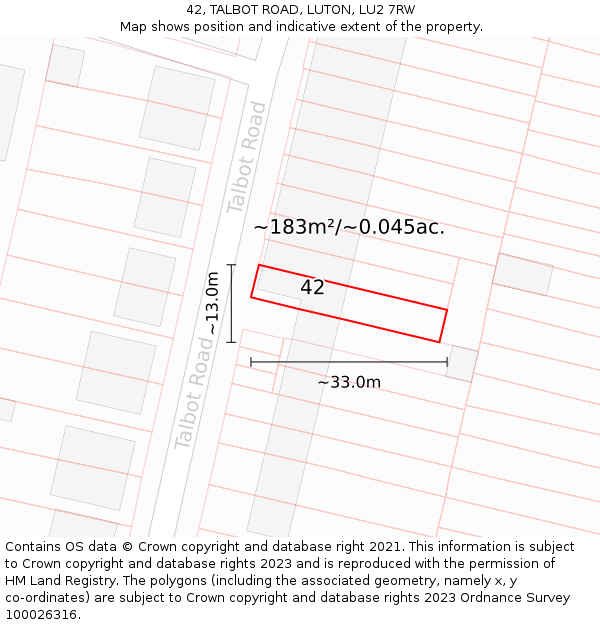 42, TALBOT ROAD, LUTON, LU2 7RW: Plot and title map
