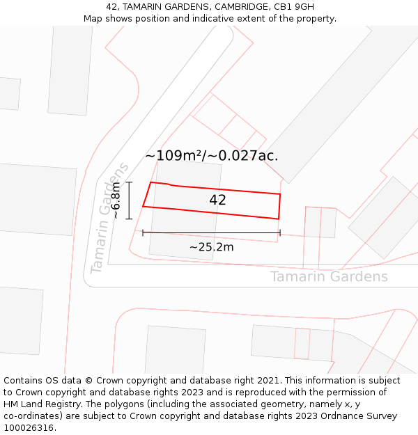 42, TAMARIN GARDENS, CAMBRIDGE, CB1 9GH: Plot and title map