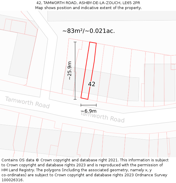 42, TAMWORTH ROAD, ASHBY-DE-LA-ZOUCH, LE65 2PR: Plot and title map