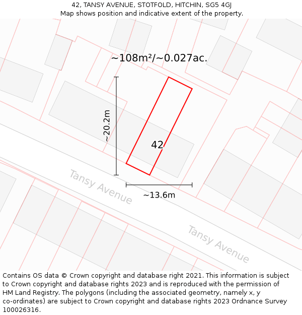 42, TANSY AVENUE, STOTFOLD, HITCHIN, SG5 4GJ: Plot and title map