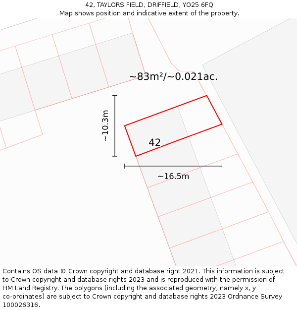 42, TAYLORS FIELD, DRIFFIELD, YO25 6FQ: Plot and title map