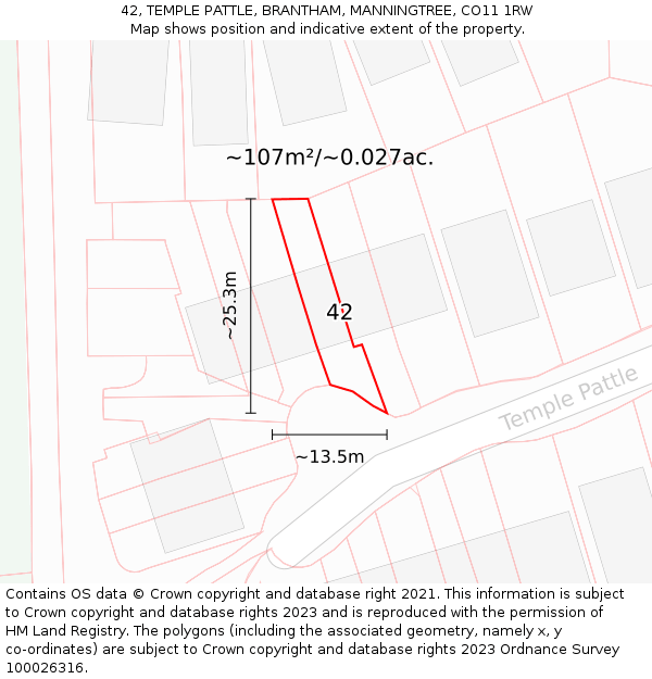 42, TEMPLE PATTLE, BRANTHAM, MANNINGTREE, CO11 1RW: Plot and title map