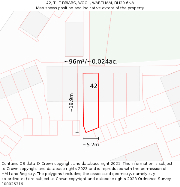 42, THE BRIARS, WOOL, WAREHAM, BH20 6NA: Plot and title map