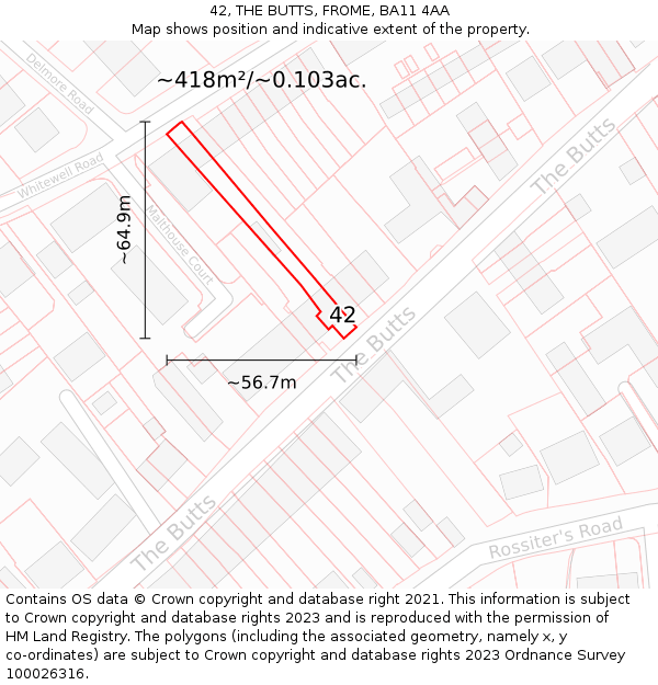 42, THE BUTTS, FROME, BA11 4AA: Plot and title map