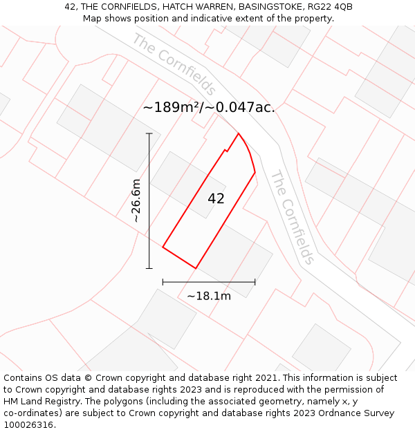 42, THE CORNFIELDS, HATCH WARREN, BASINGSTOKE, RG22 4QB: Plot and title map