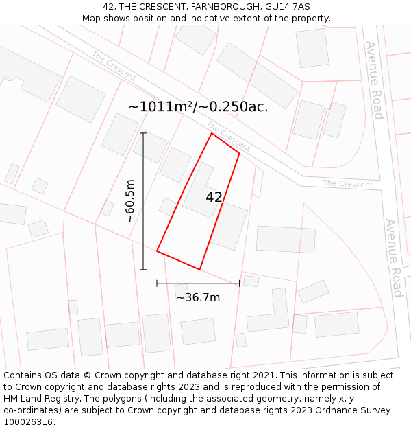 42, THE CRESCENT, FARNBOROUGH, GU14 7AS: Plot and title map