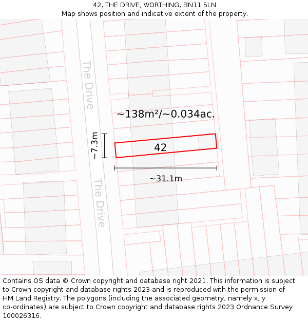 42, THE DRIVE, WORTHING, BN11 5LN: Plot and title map