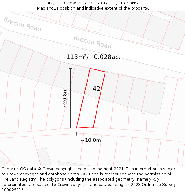 42, THE GRAWEN, MERTHYR TYDFIL, CF47 8NS: Plot and title map