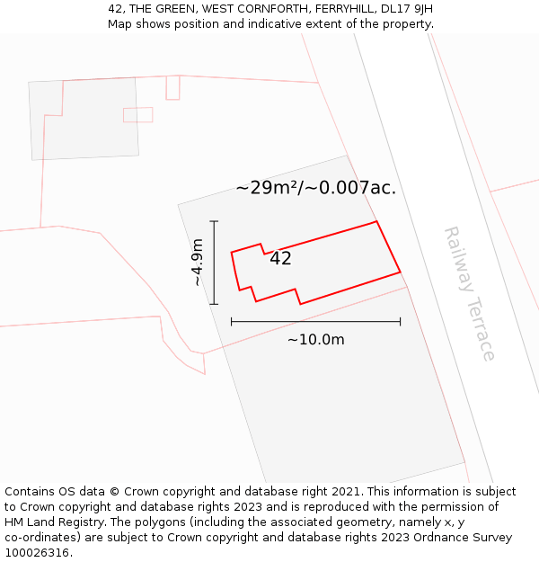 42, THE GREEN, WEST CORNFORTH, FERRYHILL, DL17 9JH: Plot and title map