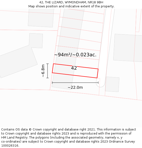 42, THE LIZARD, WYMONDHAM, NR18 9BH: Plot and title map