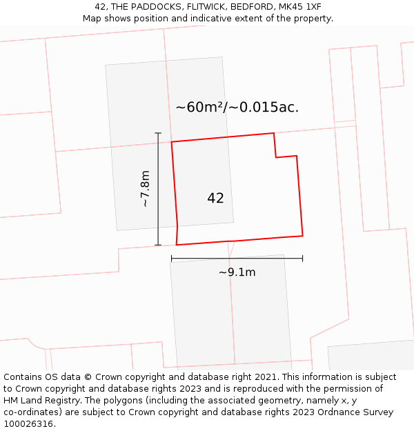 42, THE PADDOCKS, FLITWICK, BEDFORD, MK45 1XF: Plot and title map