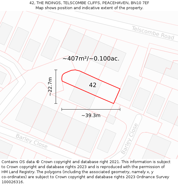 42, THE RIDINGS, TELSCOMBE CLIFFS, PEACEHAVEN, BN10 7EF: Plot and title map