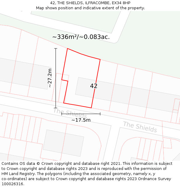 42, THE SHIELDS, ILFRACOMBE, EX34 8HP: Plot and title map