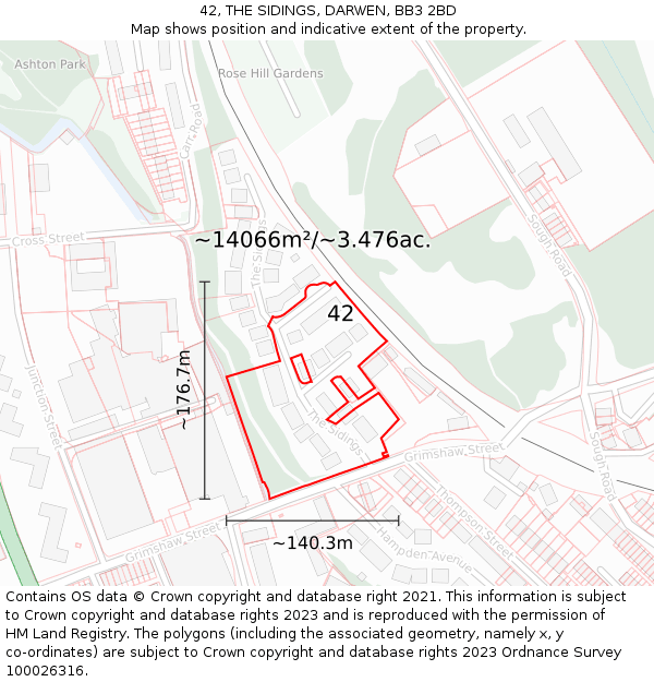 42, THE SIDINGS, DARWEN, BB3 2BD: Plot and title map