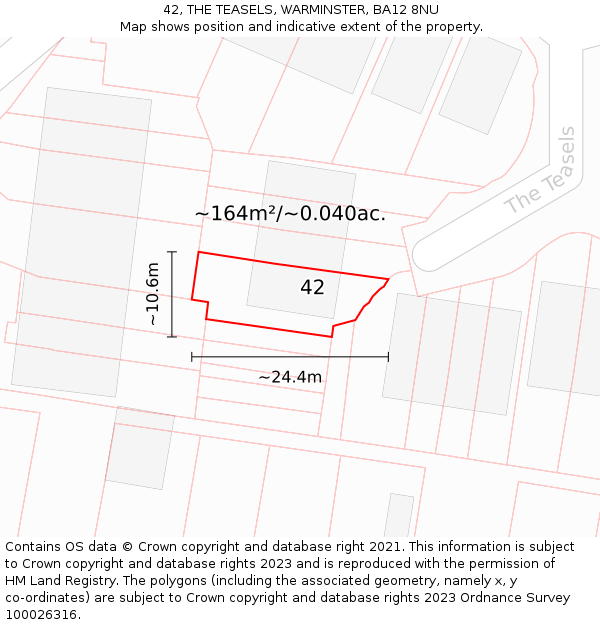 42, THE TEASELS, WARMINSTER, BA12 8NU: Plot and title map