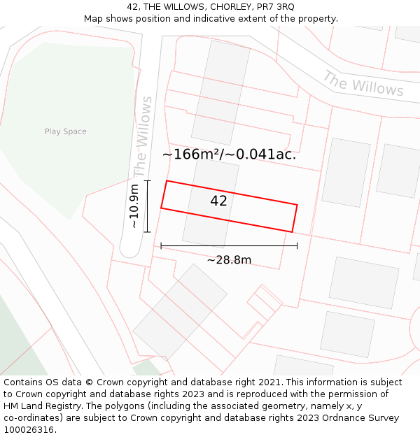 42, THE WILLOWS, CHORLEY, PR7 3RQ: Plot and title map
