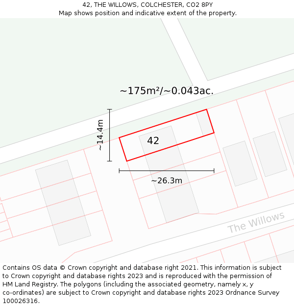 42, THE WILLOWS, COLCHESTER, CO2 8PY: Plot and title map