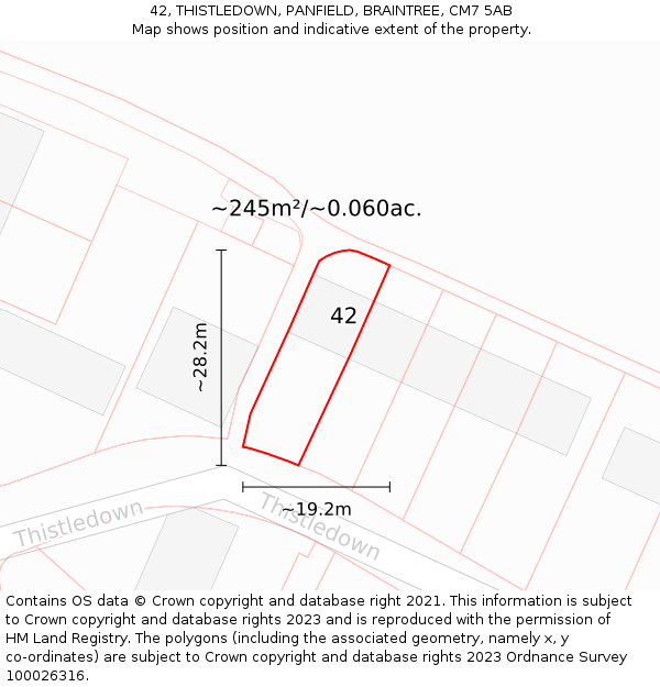 42, THISTLEDOWN, PANFIELD, BRAINTREE, CM7 5AB: Plot and title map
