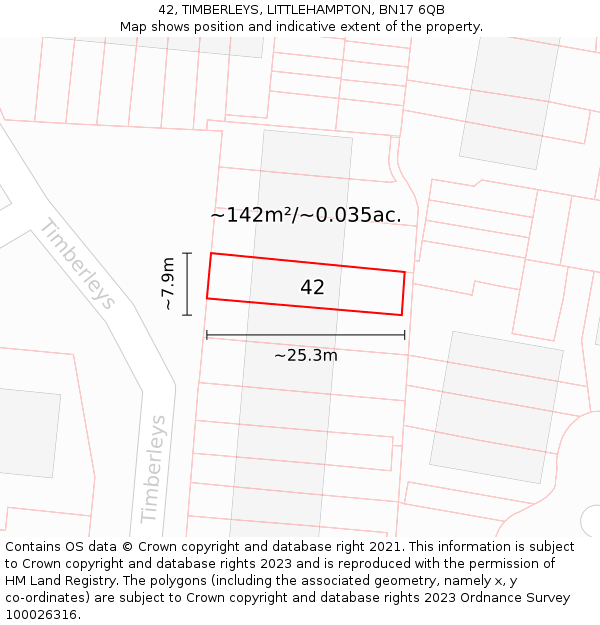 42, TIMBERLEYS, LITTLEHAMPTON, BN17 6QB: Plot and title map