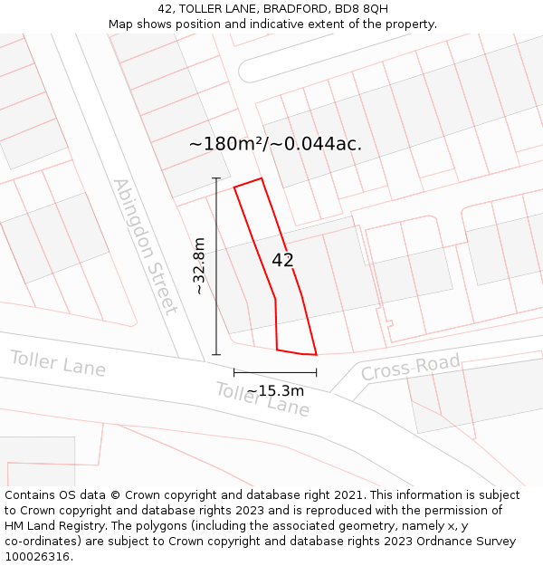 42, TOLLER LANE, BRADFORD, BD8 8QH: Plot and title map