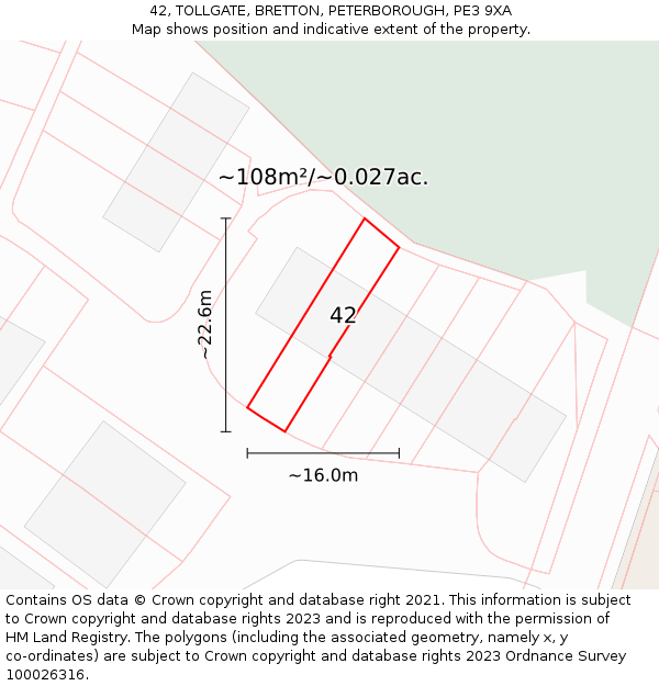 42, TOLLGATE, BRETTON, PETERBOROUGH, PE3 9XA: Plot and title map