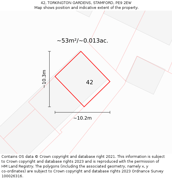 42, TORKINGTON GARDENS, STAMFORD, PE9 2EW: Plot and title map