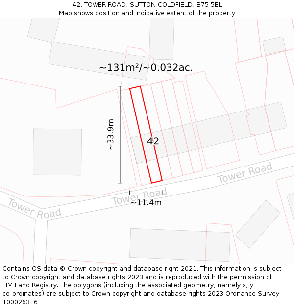 42, TOWER ROAD, SUTTON COLDFIELD, B75 5EL: Plot and title map