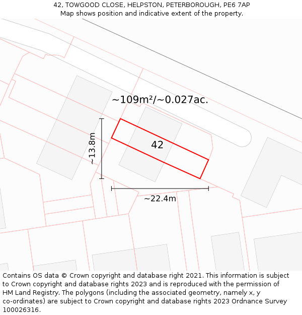 42, TOWGOOD CLOSE, HELPSTON, PETERBOROUGH, PE6 7AP: Plot and title map