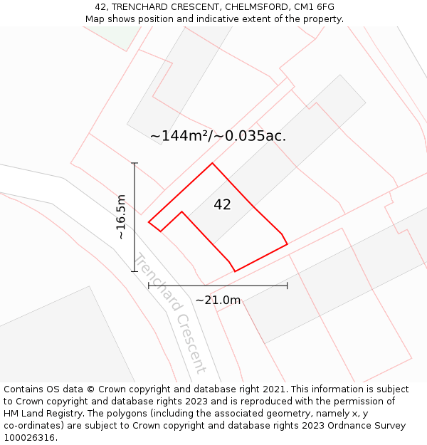 42, TRENCHARD CRESCENT, CHELMSFORD, CM1 6FG: Plot and title map
