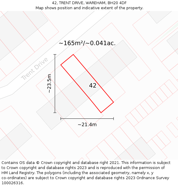 42, TRENT DRIVE, WAREHAM, BH20 4DF: Plot and title map