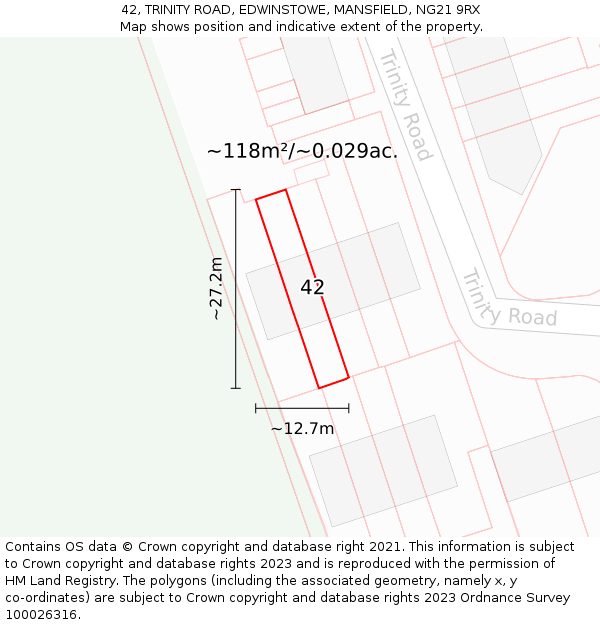 42, TRINITY ROAD, EDWINSTOWE, MANSFIELD, NG21 9RX: Plot and title map