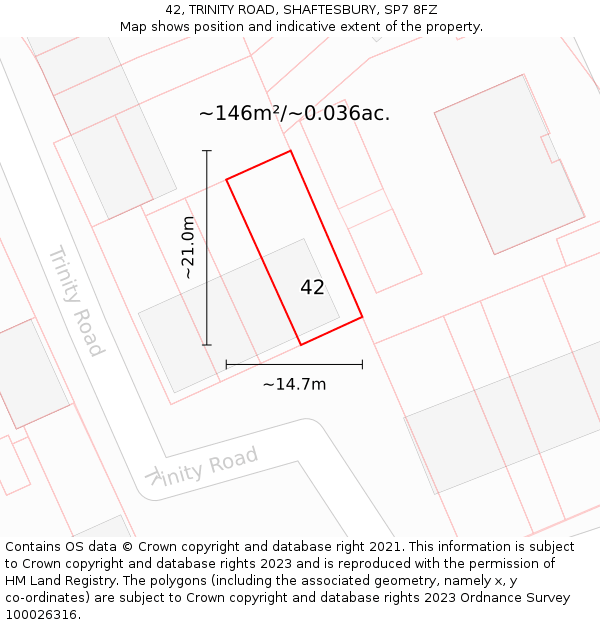 42, TRINITY ROAD, SHAFTESBURY, SP7 8FZ: Plot and title map